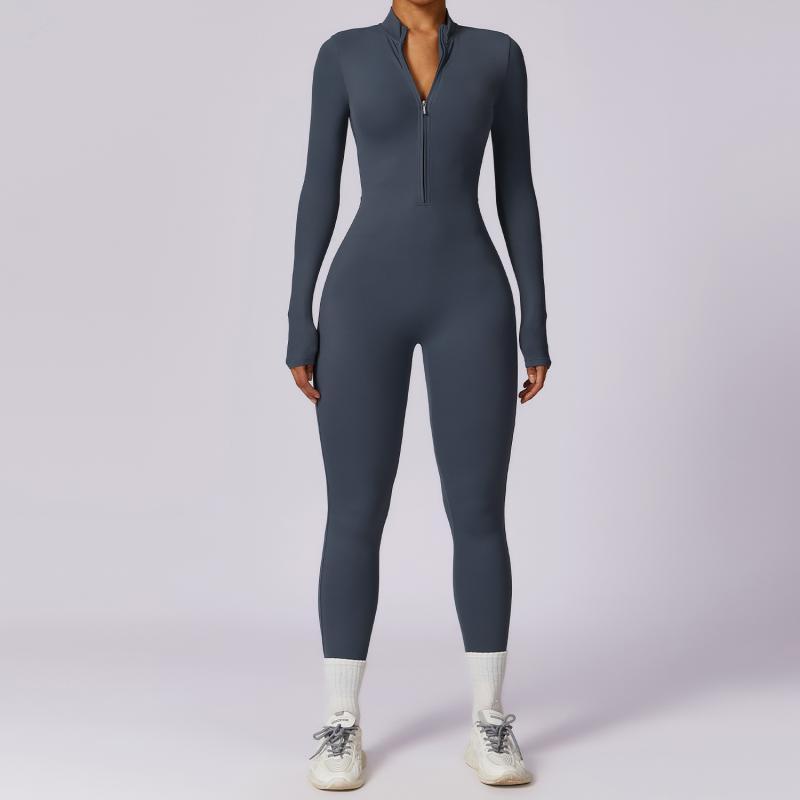 Reißverschluss Langarm-Jumpsuit Yoga Fitness Trainingshose Enge Hüfte